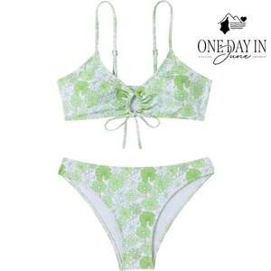 Aleumdr Floral Print Bikini Set Green White Ruched Tie Front 2 Piece Size S